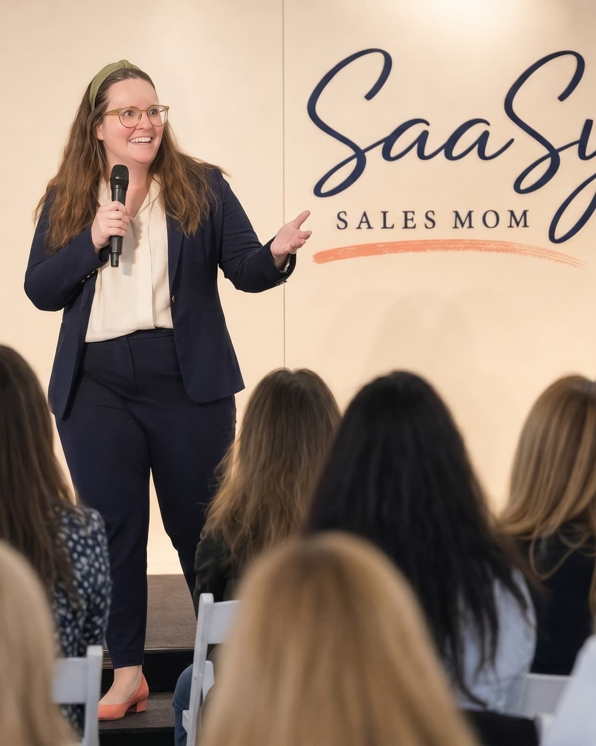 Lindsey Robb Gray on stage at a SaaSy Sales Mom seminar — Senior AE and mom of two