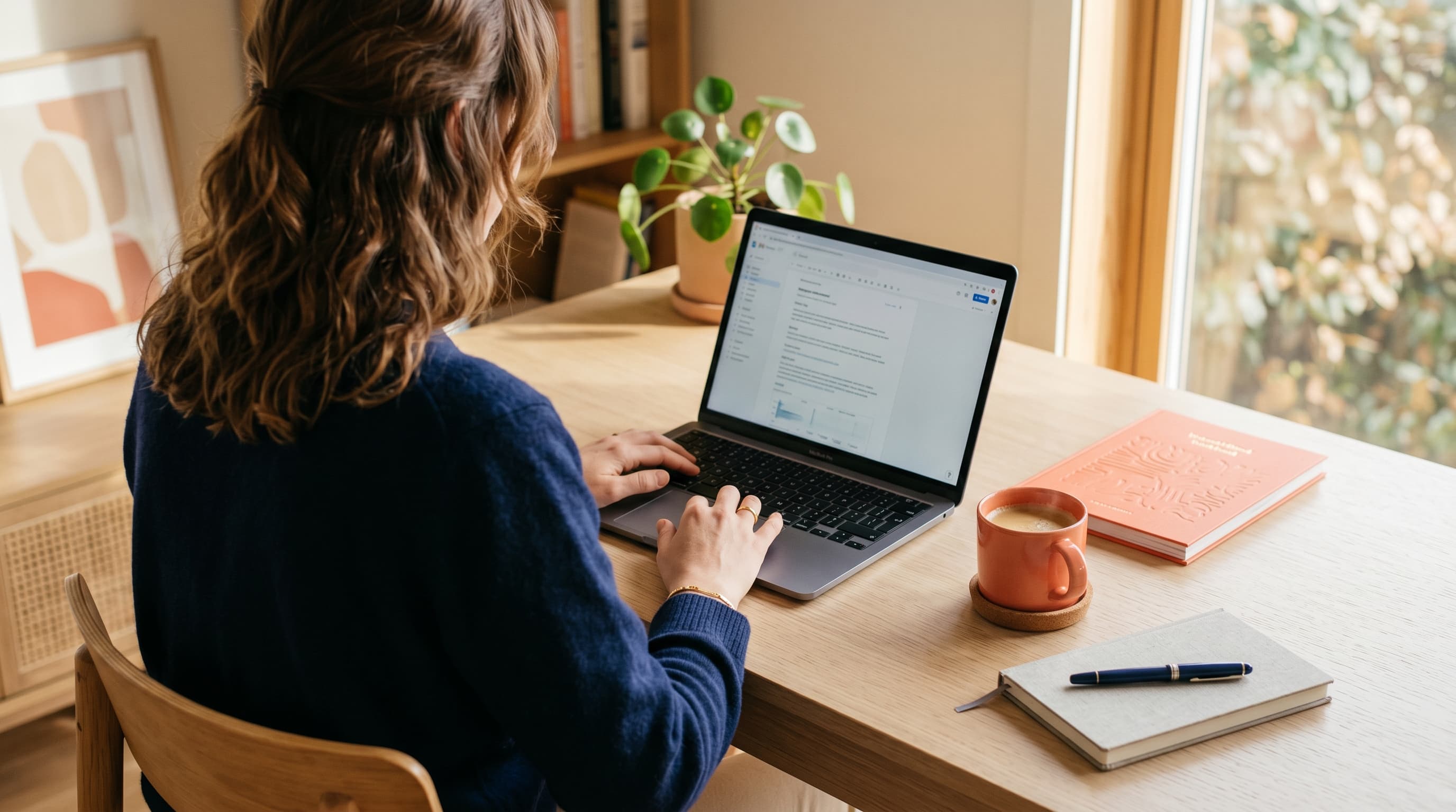 A cream-toned home-office desk with an open laptop, coral mug, and workbook — your future setup.