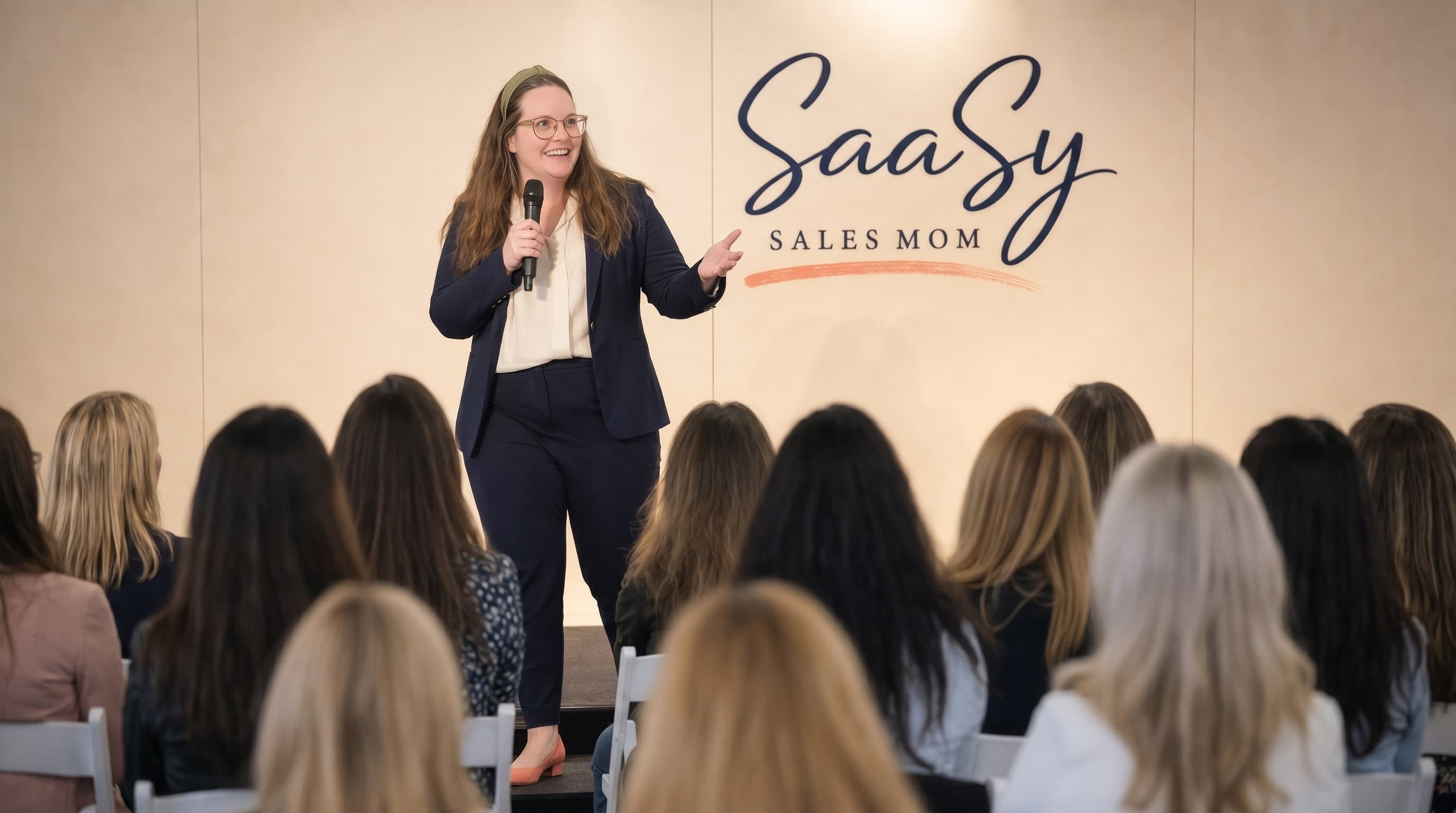 Lindsey speaking at a SaaSy Sales Mom seminar — navy blazer, mid-sentence, audience of women listening.